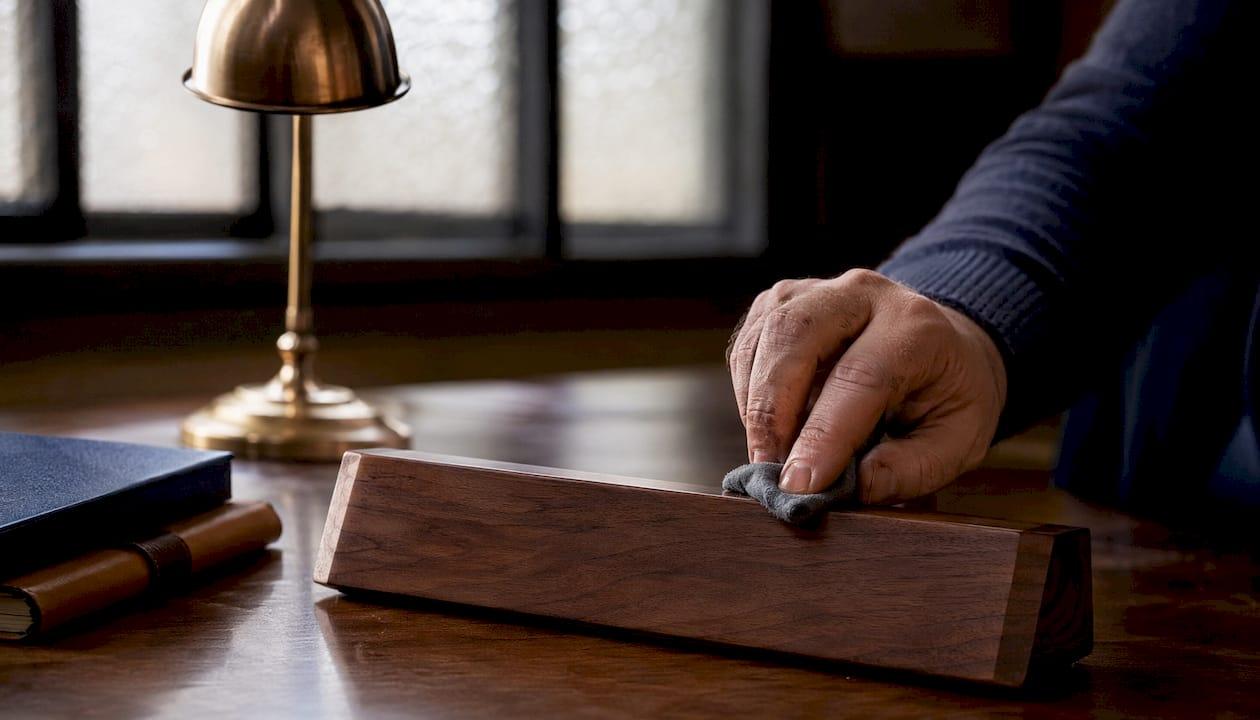 Close-up of hand polishing engraved walnut desk sign