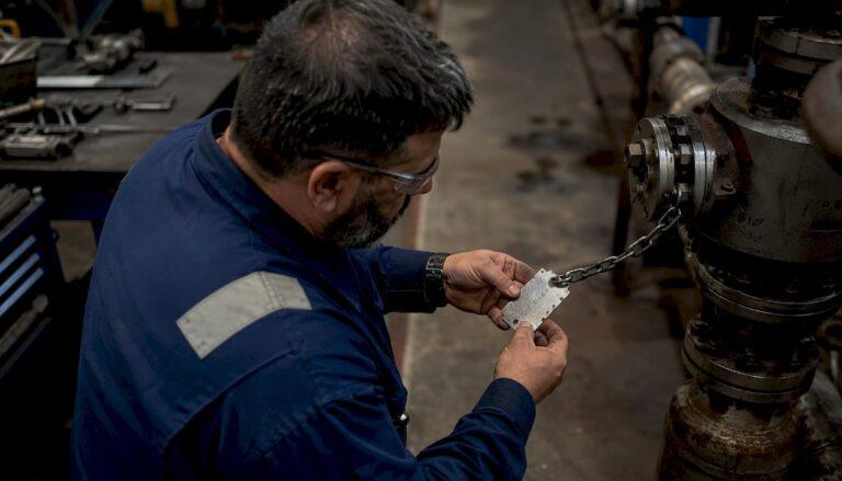 Technician inspecting stainless steel valve tag on pipe