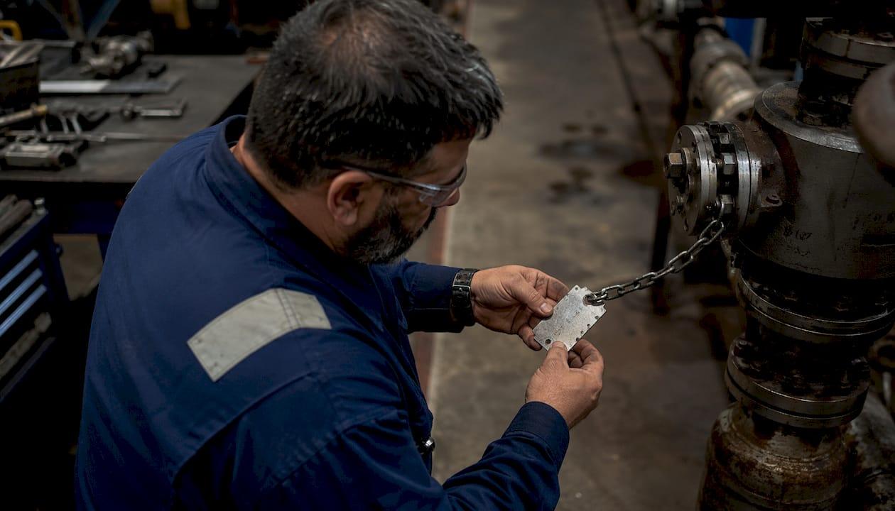 Technician inspecting stainless steel valve tag on pipe