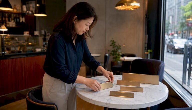 Woman arranging standard office name plates on table