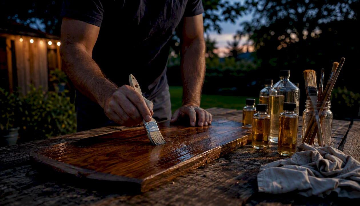 Man applying clear coat to wooden sign outdoors