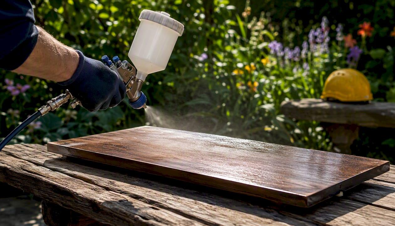 Hand spraying clear coat onto wooden sign outdoors
