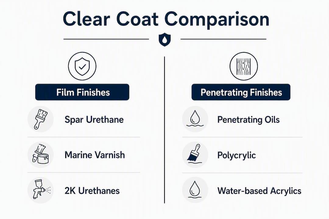 Infographic comparing film and penetrating clear coat types for outdoor wood signs