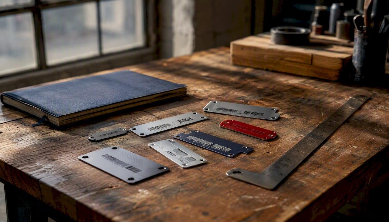 Anodized aluminum asset tags on worktable