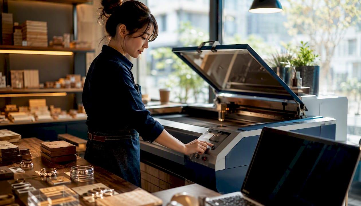 Technician operating laser engraving machine