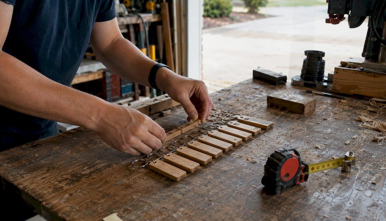 Hands placing keychains into jig for engraving