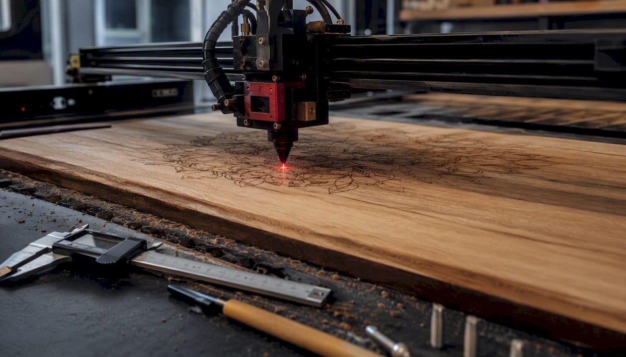 Laser engraver focusing beam on wooden board