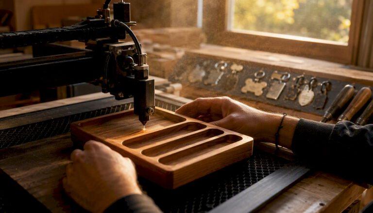 Hands laser engraving wooden vet tech tray