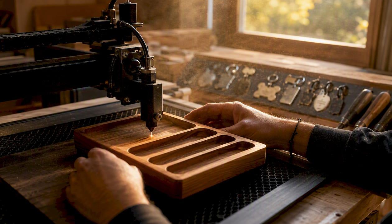 Hands laser engraving wooden vet tech tray