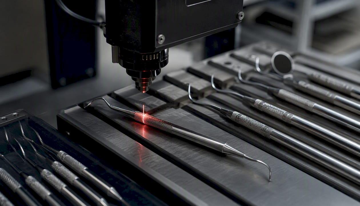 Laser engraving dental instrument in industrial setup