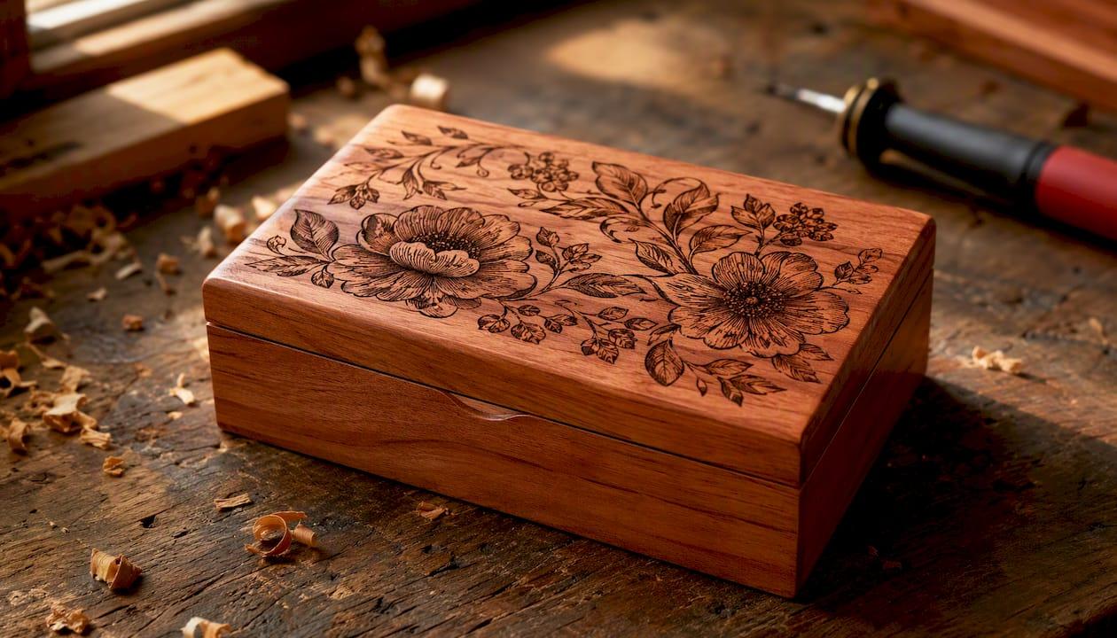 Close-up of laser-engraved red alder wooden box lid