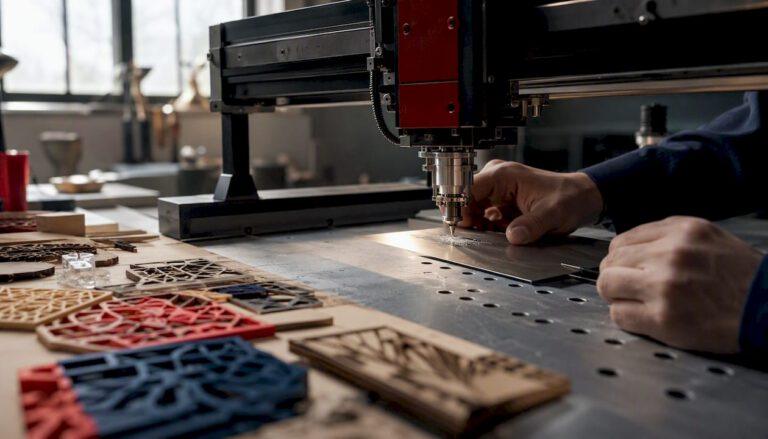 Hands adjusting laser engraving machine on metal edge