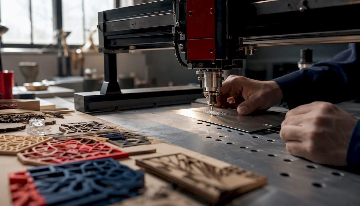 Hands adjusting laser engraving machine on metal edge