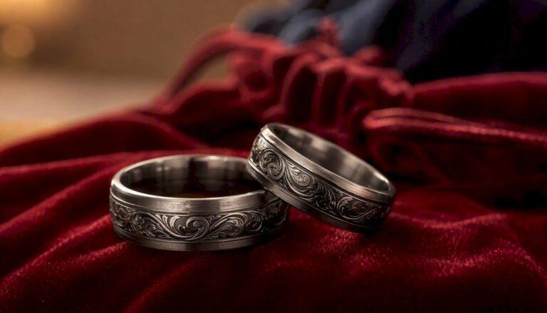 Close-up of engraved stainless steel couple rings