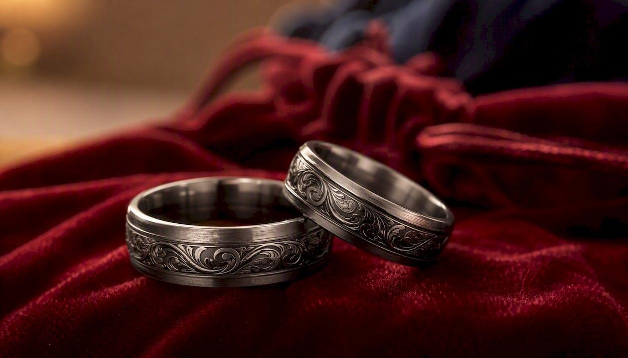 Close-up of engraved stainless steel couple rings