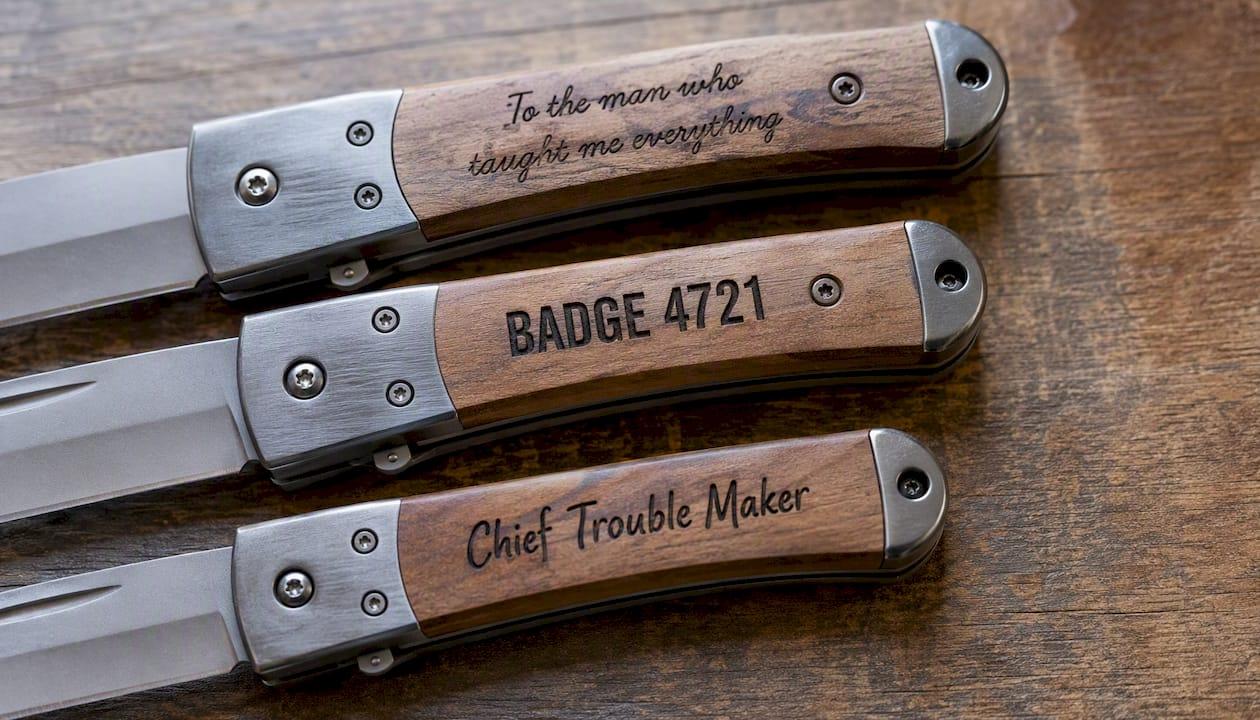 Three knife handles showing different engraving text styles