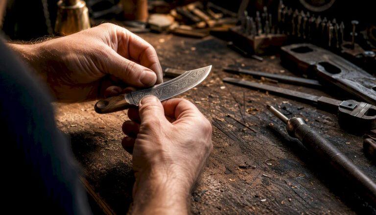 Close-up of hands inspecting custom engraved knife blade