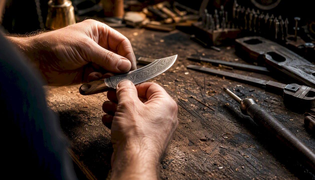 Close-up of hands inspecting custom engraved knife blade