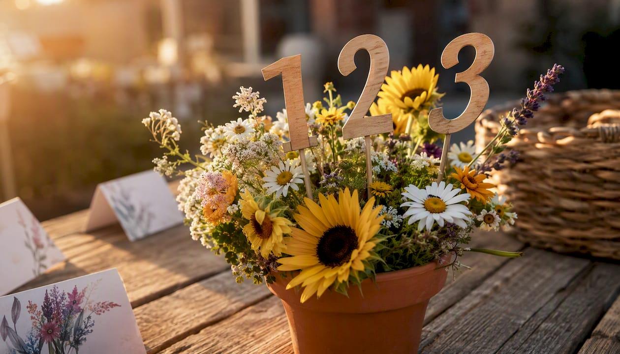 Laser cut wooden stick-in-vase table numbers in jars