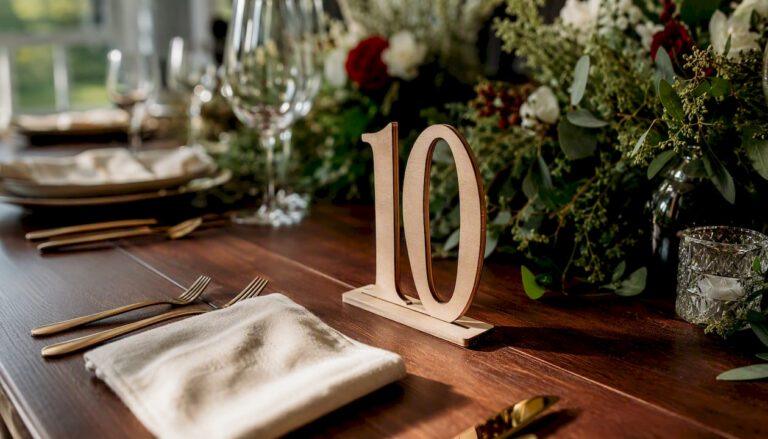 Laser cut wooden wedding table numbers on table