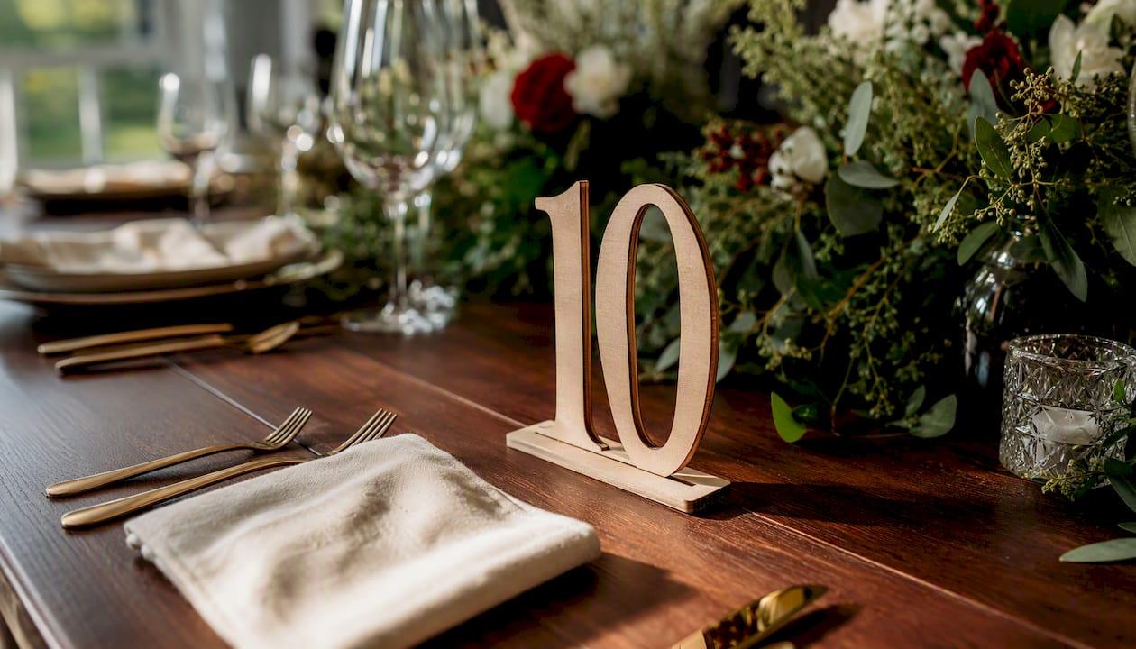 Laser cut wooden wedding table numbers on table