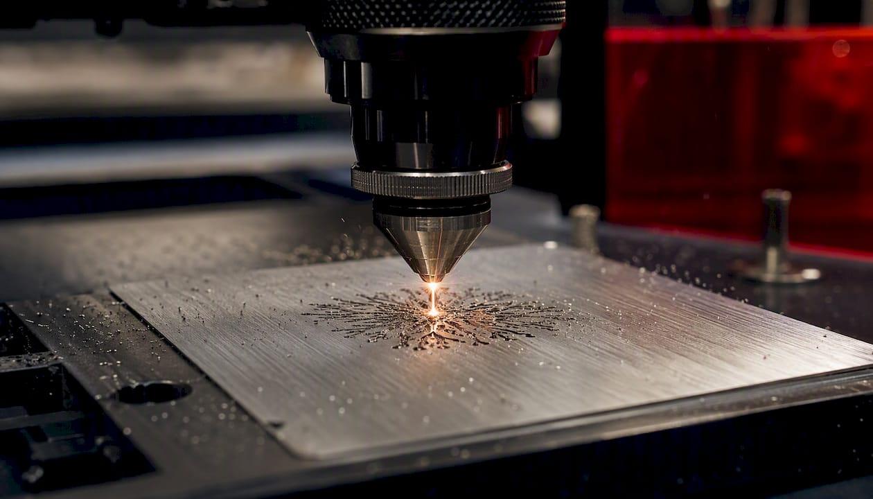 Close-up of fiber laser marking metal surface