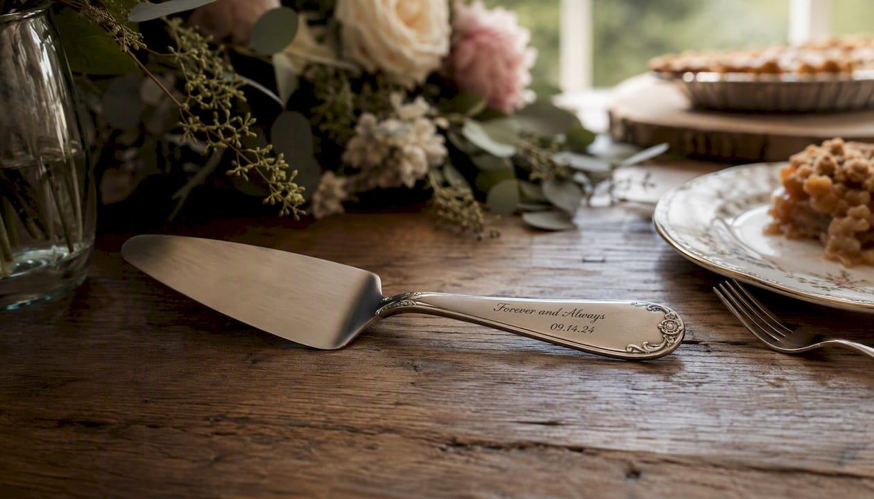 Engraved wedding pie server handle close-up