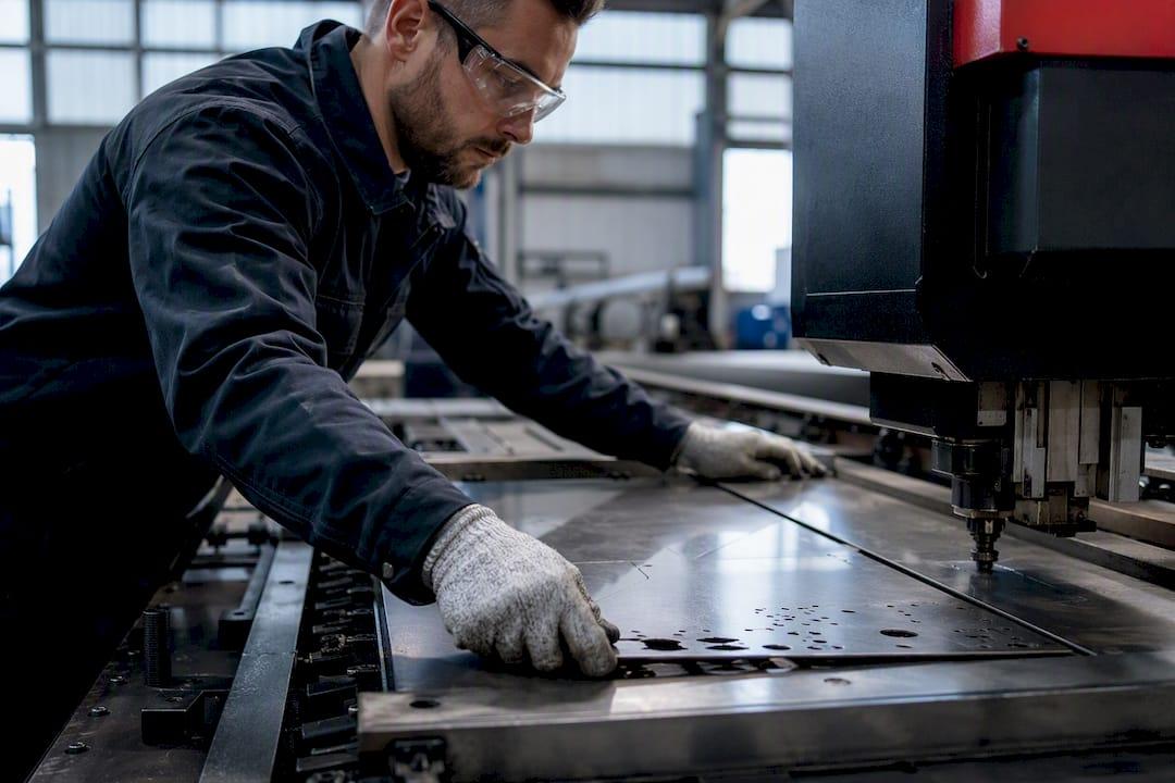 Hands adjusting industrial laser cutting machine