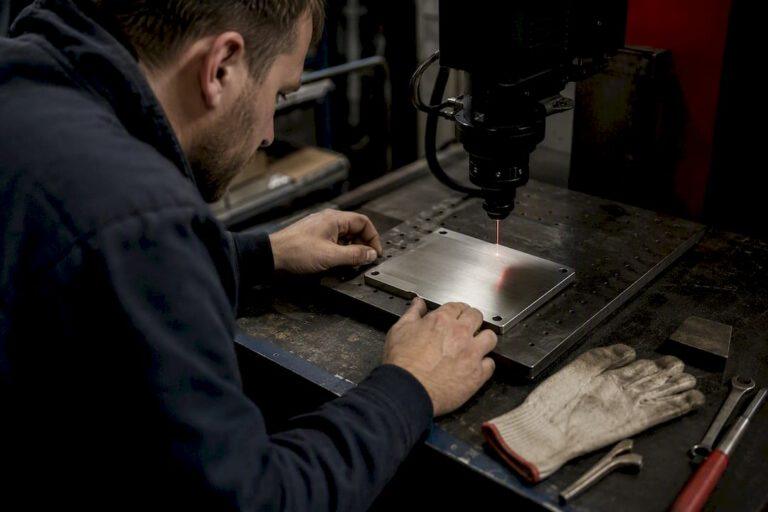 Laser engraving metal data plate in workshop