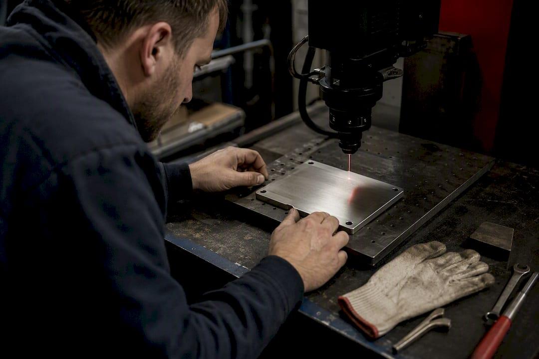Laser engraving metal data plate in workshop