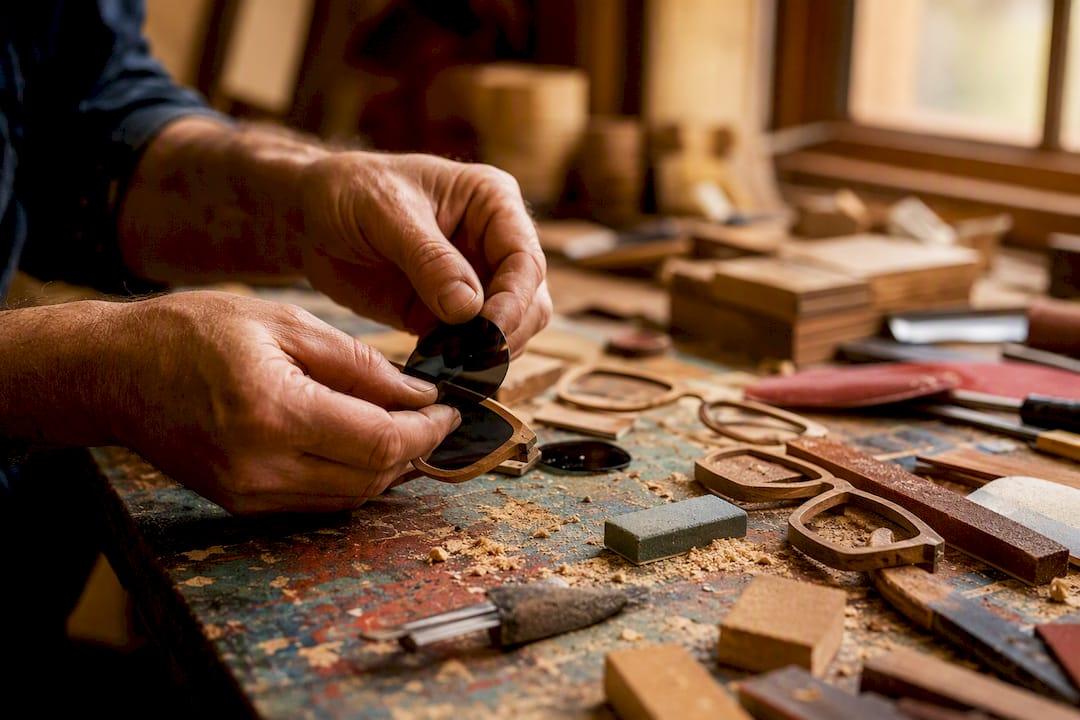 Hands assembling laser cut wooden sunglasses parts