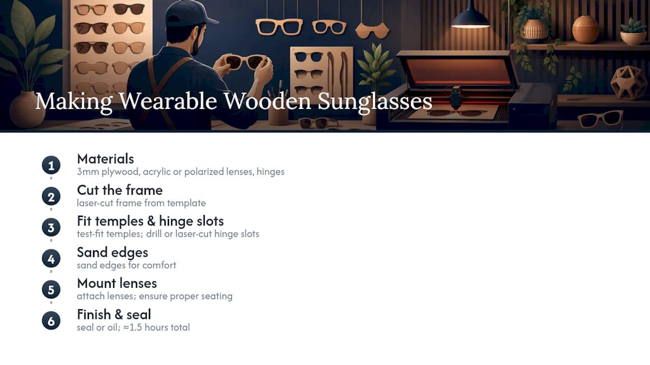 Diagram of DIY laser cut wooden sunglasses making steps