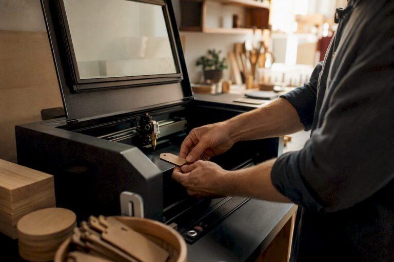 Hands placing wooden tag into laser engraver