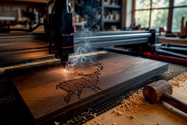 Laser cutting deer silhouette on plywood close-up