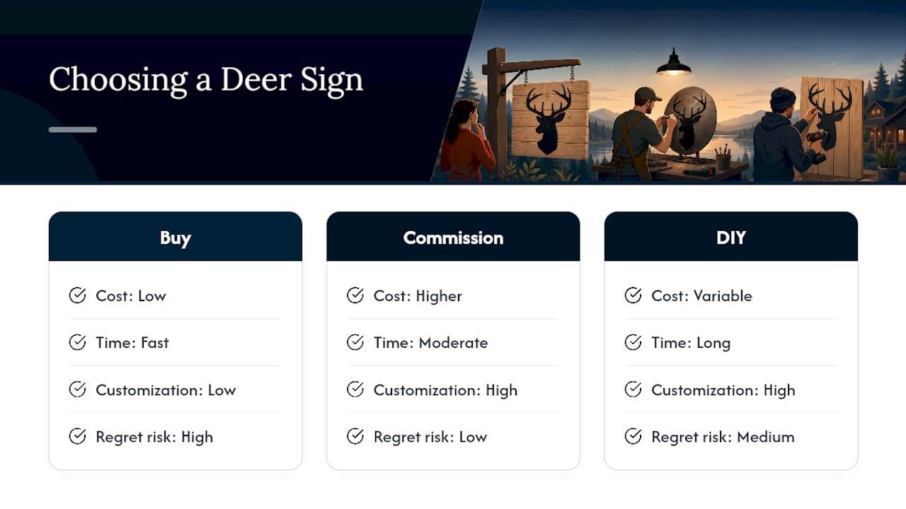 Comparison diagram of buying, commissioning, and DIY deer silhouette signs