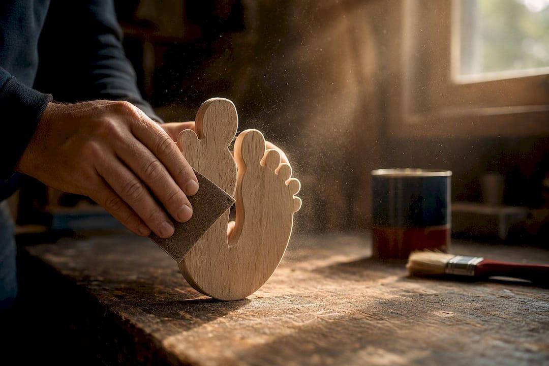 Hand sanding and sealing wooden baby feet cutout