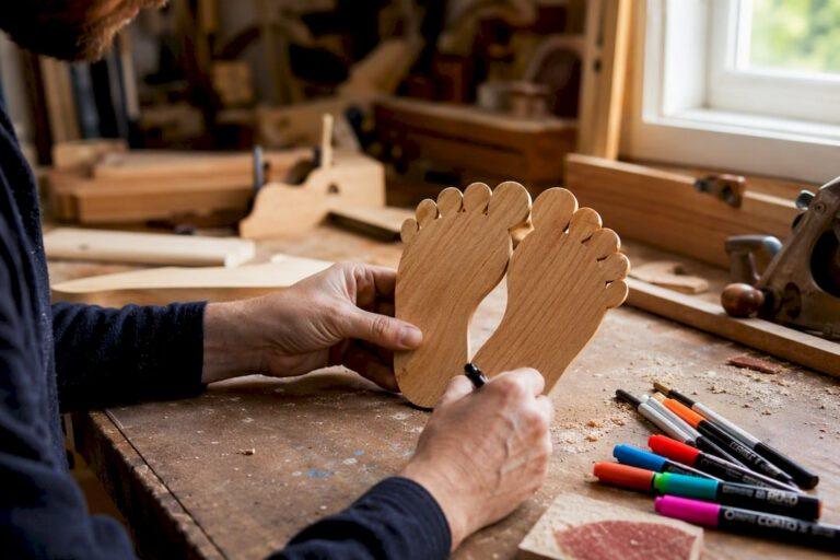 Hand signing wooden baby feet guestbook cutout
