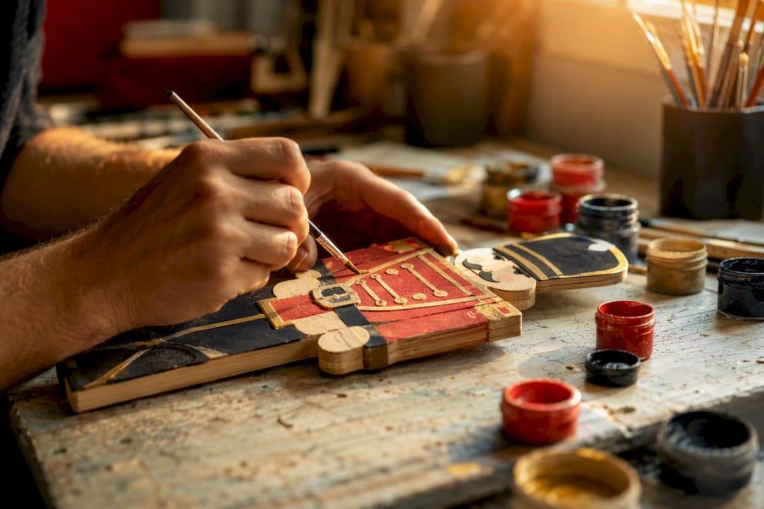 Hands painting wooden soldier cutout