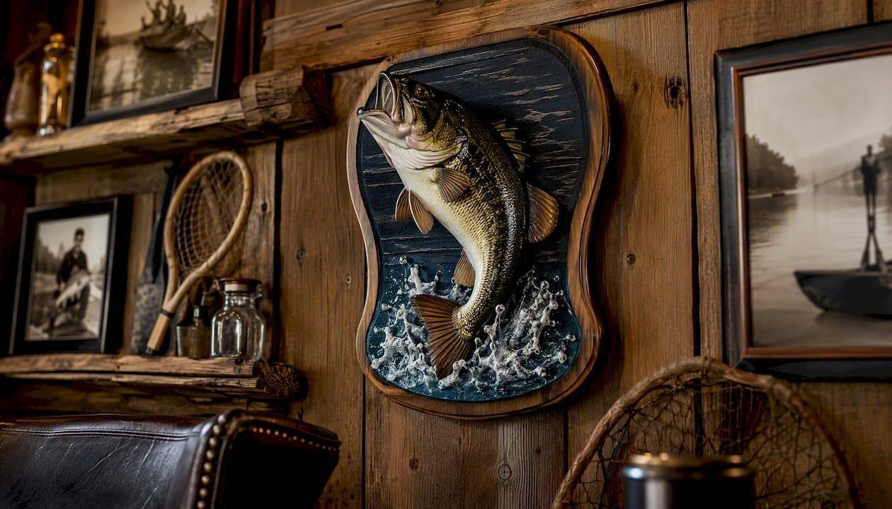 Jumping bass plaque in rustic cabin bar setting