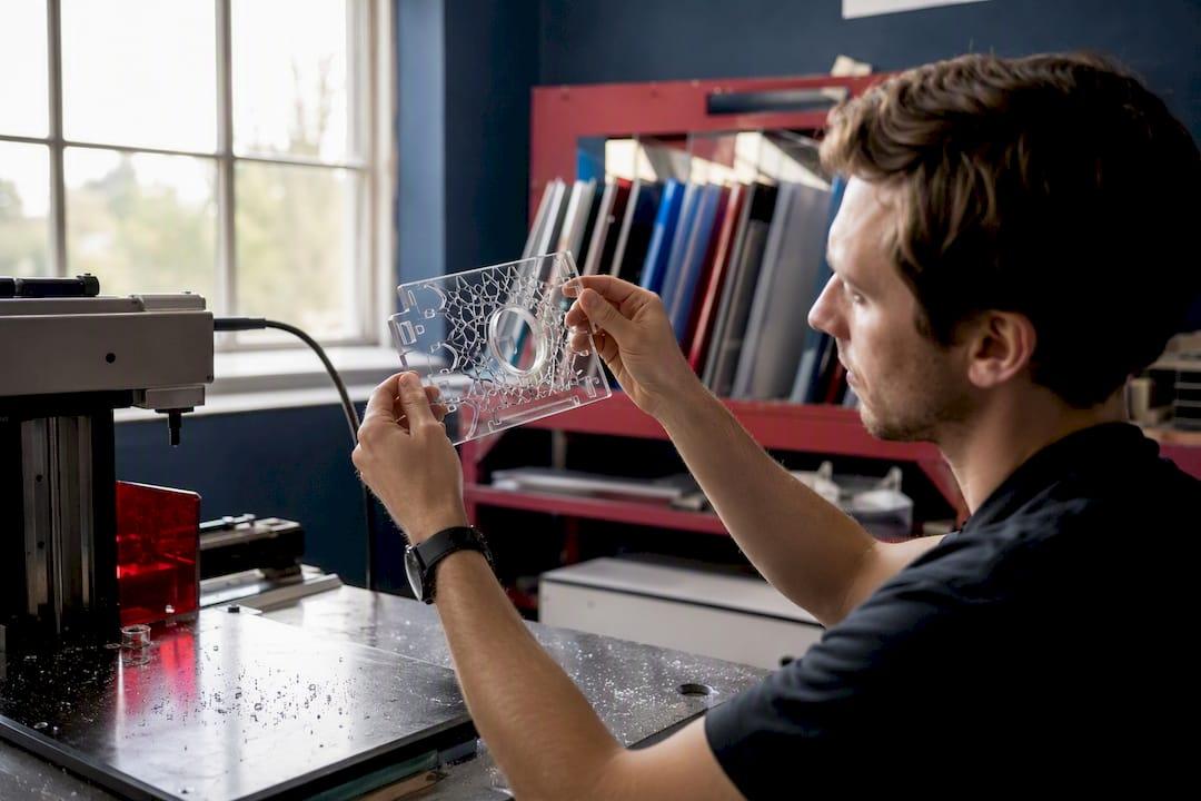 Technician holding laser-marked alloy sample