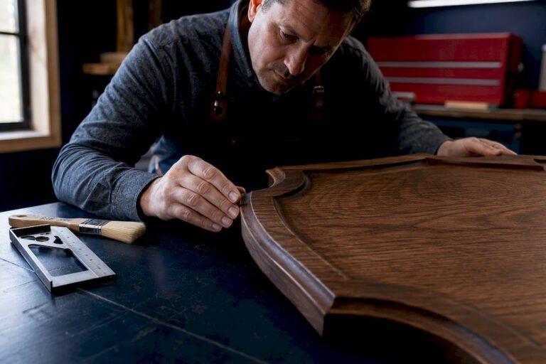 Maker inspecting a partially finished wood sign