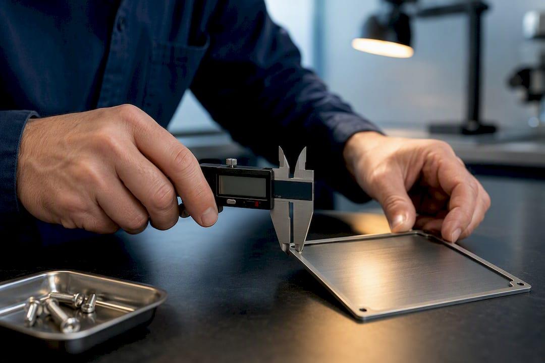 Engineer measuring metal data plate thickness