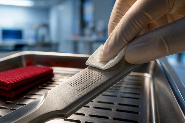 Technician cleaning an engraved medical instrument