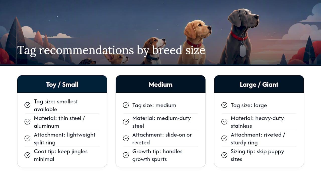 Dog tag size and material guide by puppy breed size