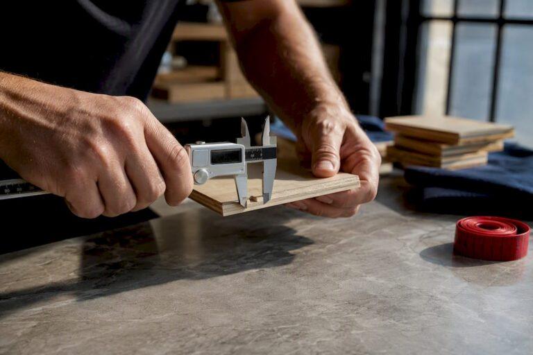 Maker measuring a plywood kerf test slot