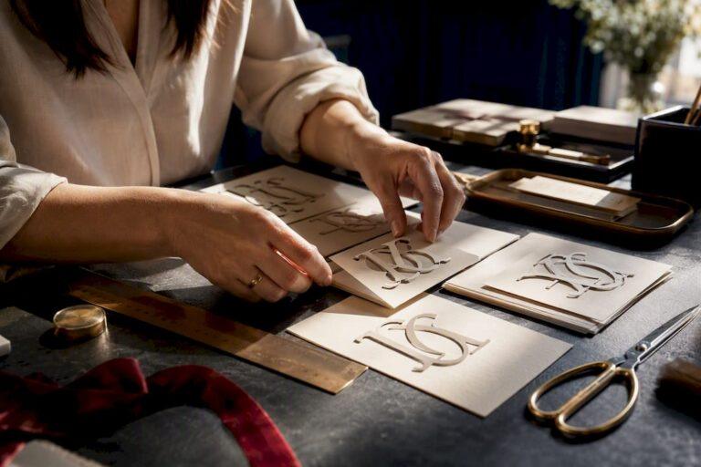 Manos creando un monograma para una boda