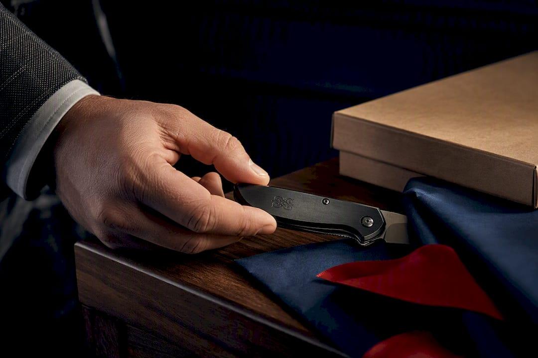 Partially framed engraved knife wedding gift