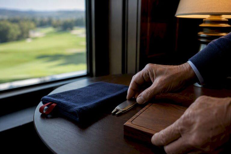 Golf accessories paired with wooden retirement keepsake
