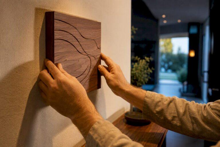 Manos colocando una placa grabada en una casa nueva
