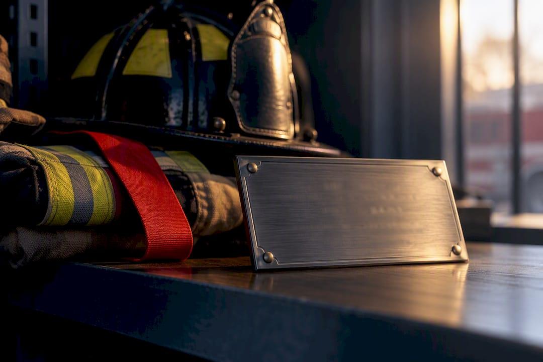 Firefighter retirement engraving beside helmet gear